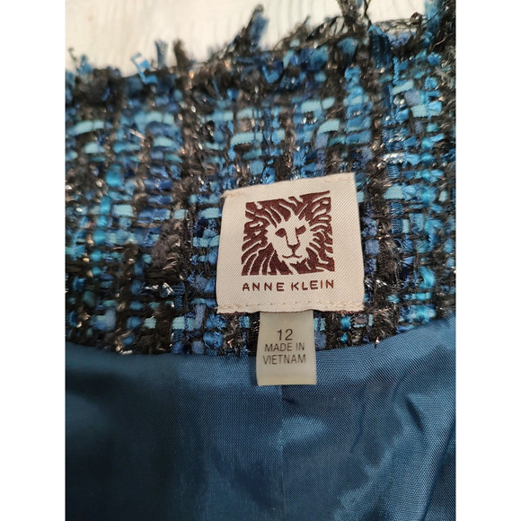 Anne Klein Women's Open woven fringed fully lined Blue tweed metallic Jacket 12 - Picture 8 of 12